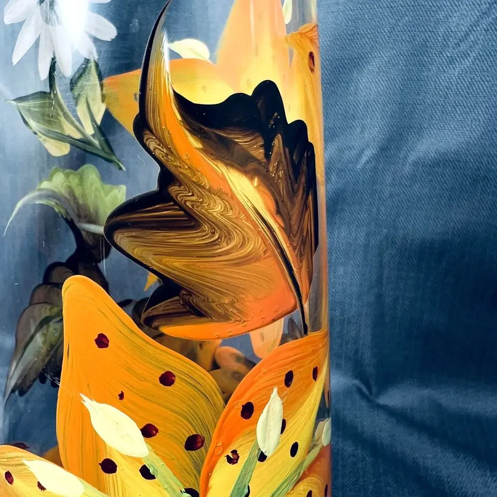 Hand painted Flower Art Glass Vase Fall Leaves Thanksgiving Halloween Home Decor